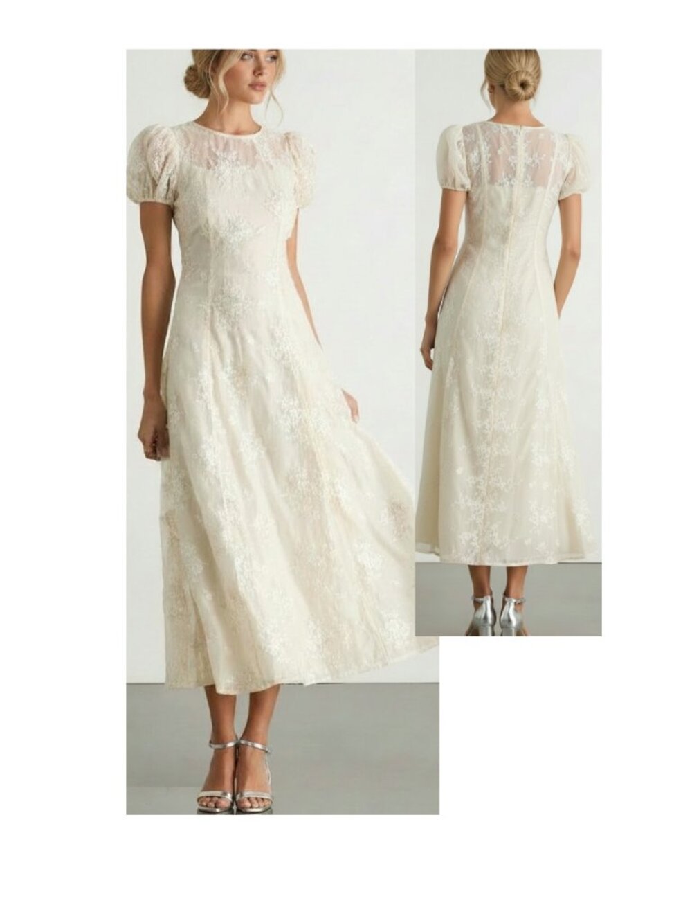 Lulus Elfrieda Cream Floral Embroidered Puff Sleeve Midi Dress Medium New NWT - Picture 6 of 10
